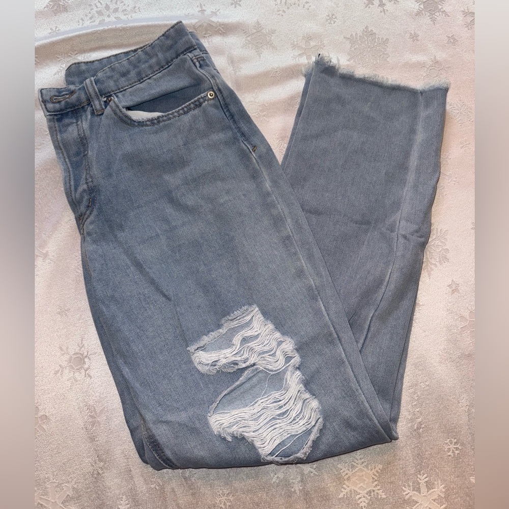 Forever 21 Blue Straight Leg Jeans with Distressed Details